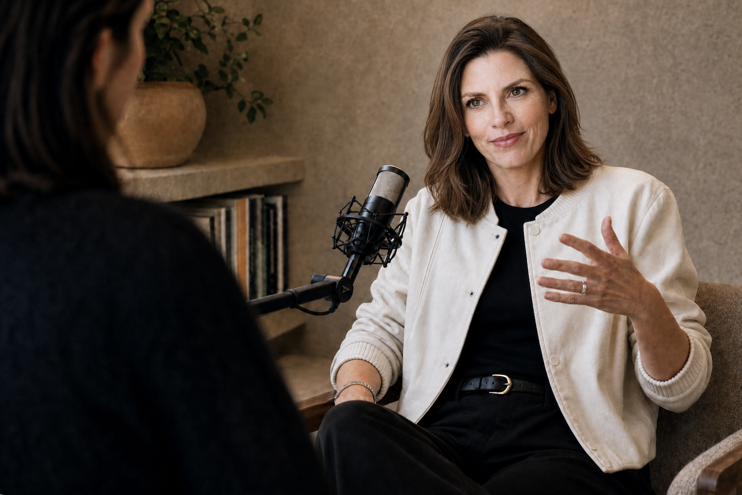 Deborah Webster in conversation at a studio microphone